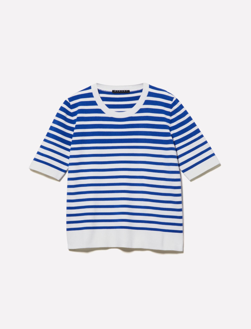 Kadın Mavi Çizgili Viskoz Karışımlı Çizgili Bisiklet Yaka Kısa Kollu Kazak Kadın Mavi Çizgili Viskoz Karışımlı Çizgili Bisiklet Yaka Kısa Kollu Kazak