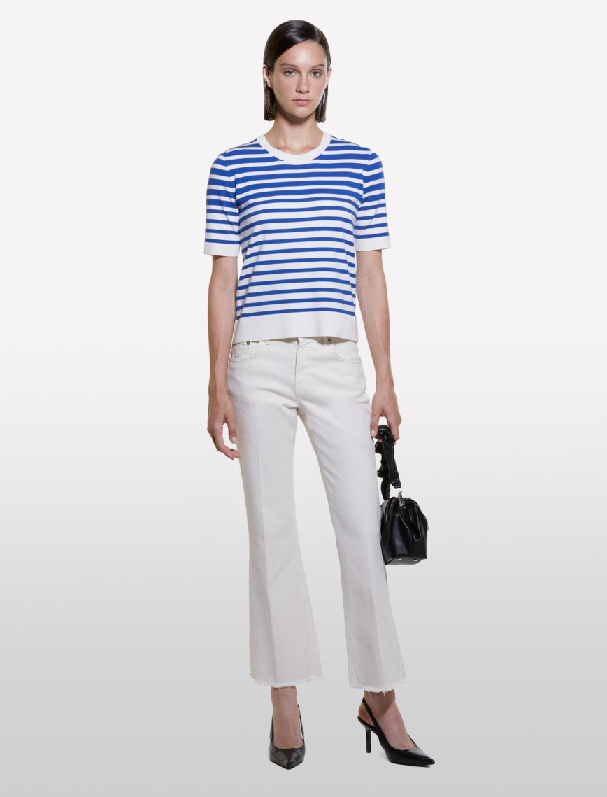 Kadın Kahverengi Çizgili Viskoz Karışımlı Çizgili Bisiklet Yaka Kısa Kollu Kazak Kadın Kahverengi Çizgili Viskoz Karışımlı Çizgili Bisiklet Yaka Kısa Kollu Kazak