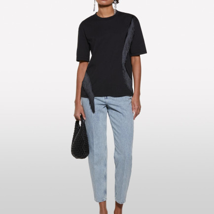 Kadın Siyah %100 Pamuk Saçak Detaylı Bisiklet Yaka Regular Fit T-Shirt