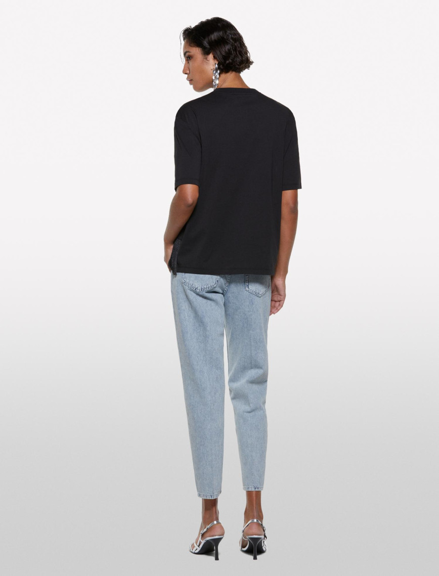 Kadın Siyah %100 Pamuk Saçak Detaylı Bisiklet Yaka Regular Fit T-Shirt