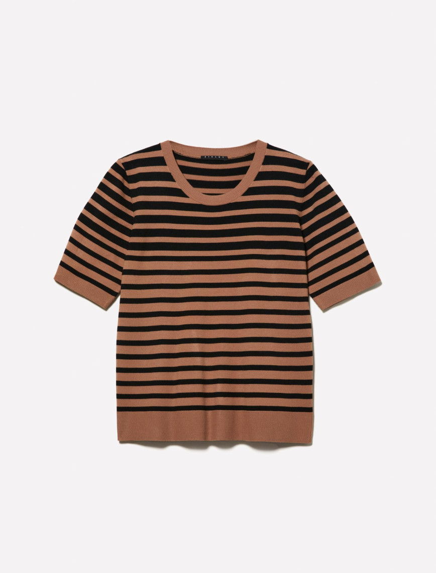 Kadın Kahverengi Çizgili Viskoz Karışımlı Çizgili Bisiklet Yaka Kısa Kollu Kazak Kadın Kahverengi Çizgili Viskoz Karışımlı Çizgili Bisiklet Yaka Kısa Kollu Kazak