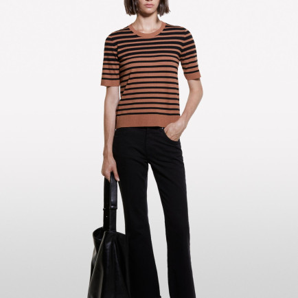 Kadın Kahverengi Çizgili Viskoz Karışımlı Çizgili Bisiklet Yaka Kısa Kollu Kazak