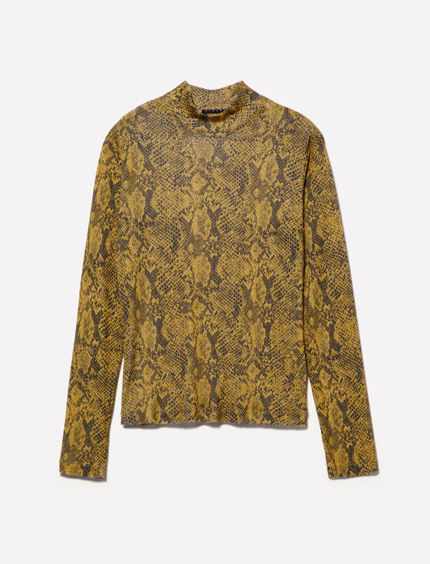 Kadın Sarı Baskılı Baskılı Dar Kesim Yüksek Yaka Uzun Kollu T-Shirt Kadın Sarı Baskılı Baskılı Dar Kesim Yüksek Yaka Uzun Kollu T-Shirt