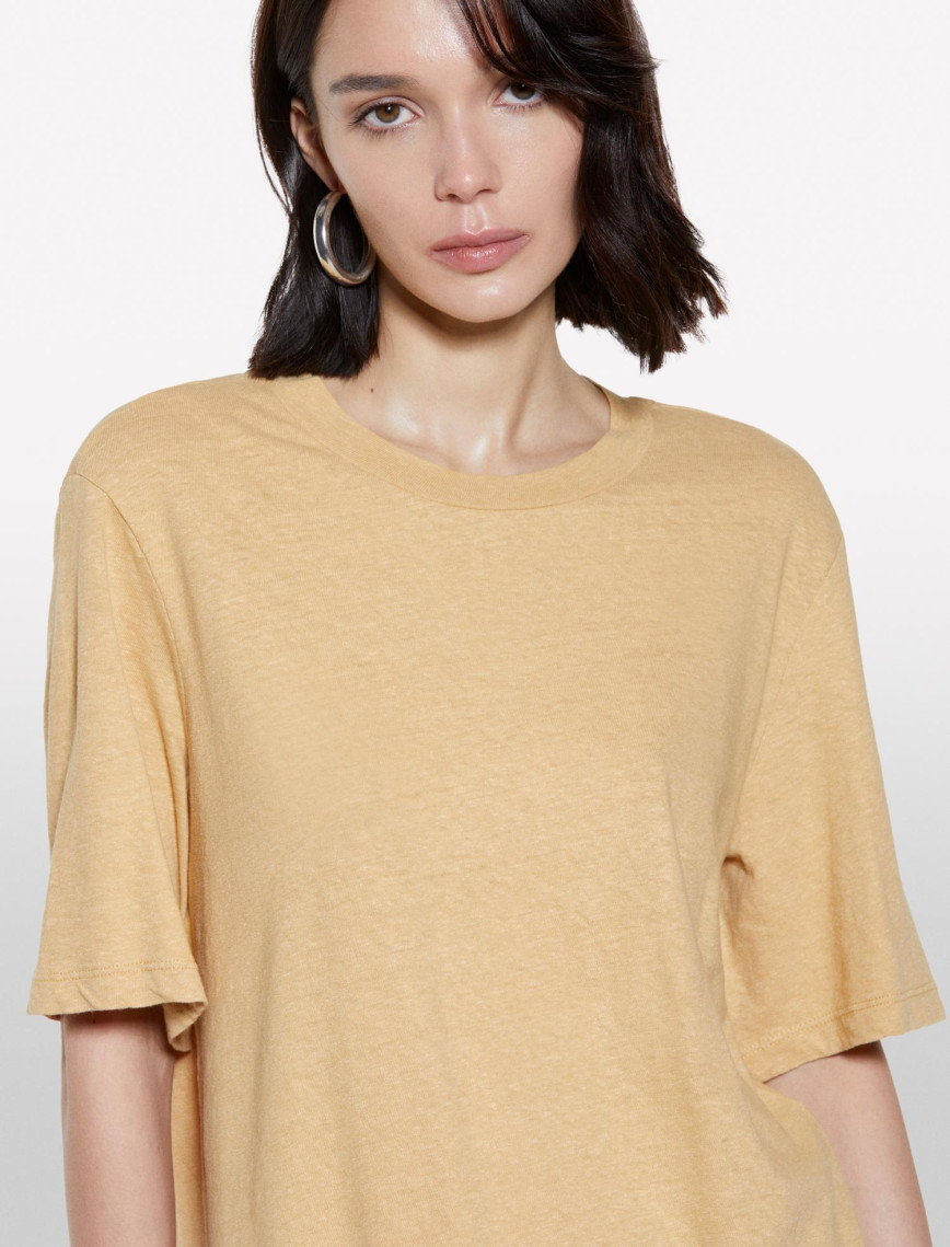 Kadın Kese Kağıdı Keten Karışımlı Bisiklet Yaka T-Shirt