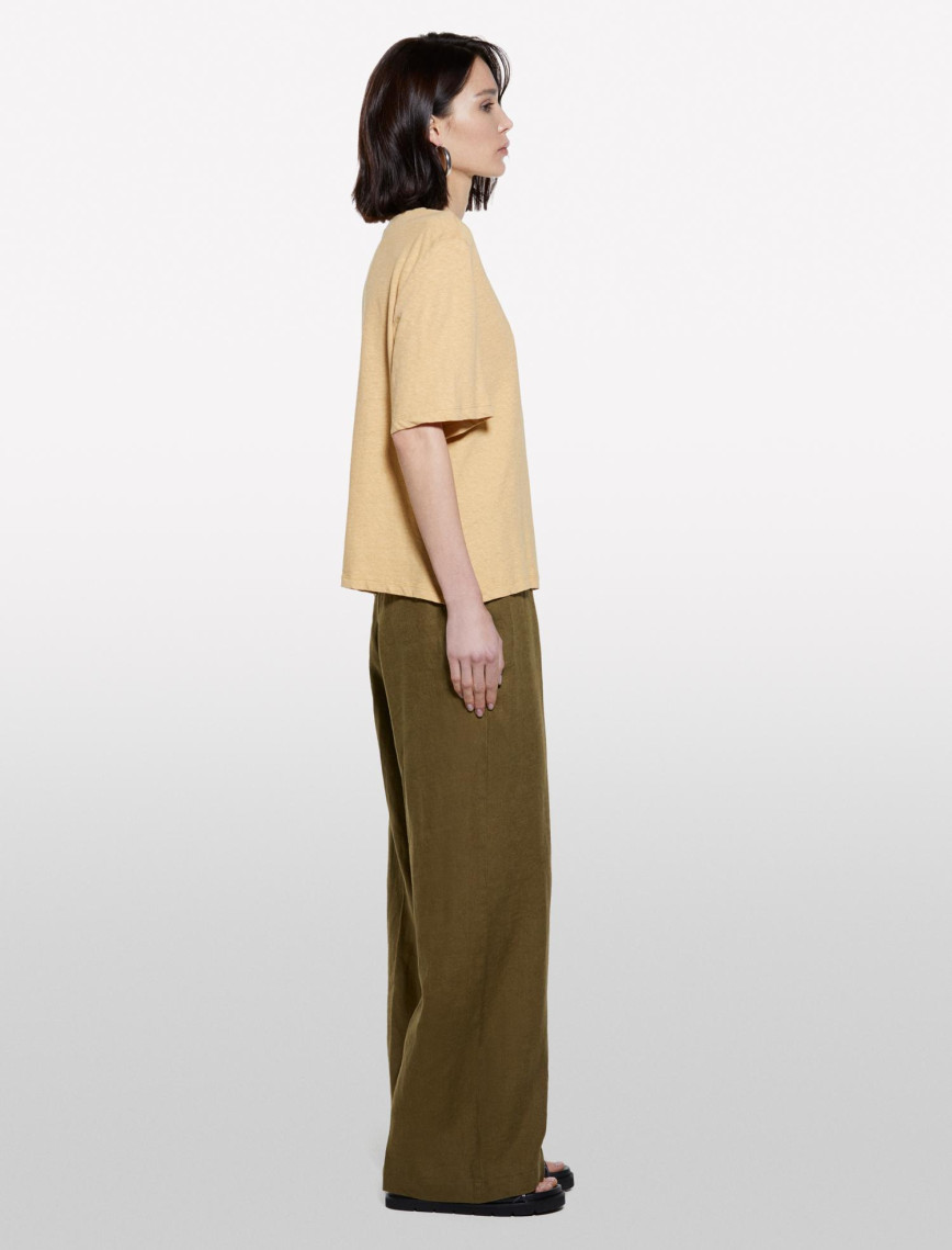 Kadın Kese Kağıdı Keten Karışımlı Bisiklet Yaka T-Shirt