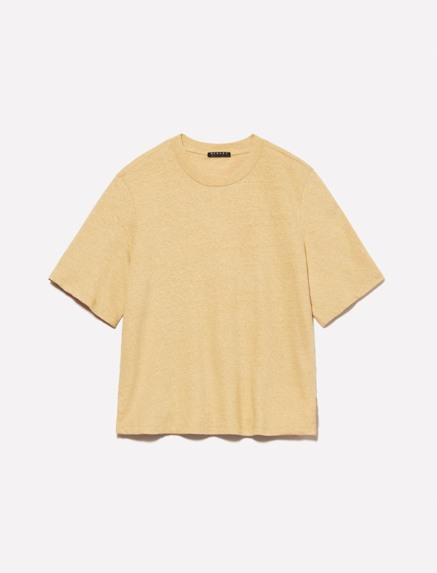 Kadın Kese Kağıdı Keten Karışımlı Bisiklet Yaka T-Shirt