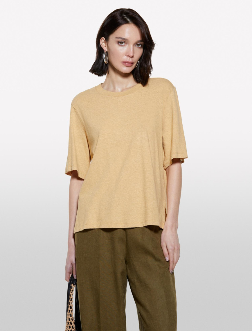 Kadın Kese Kağıdı Keten Karışımlı Bisiklet Yaka T-Shirt