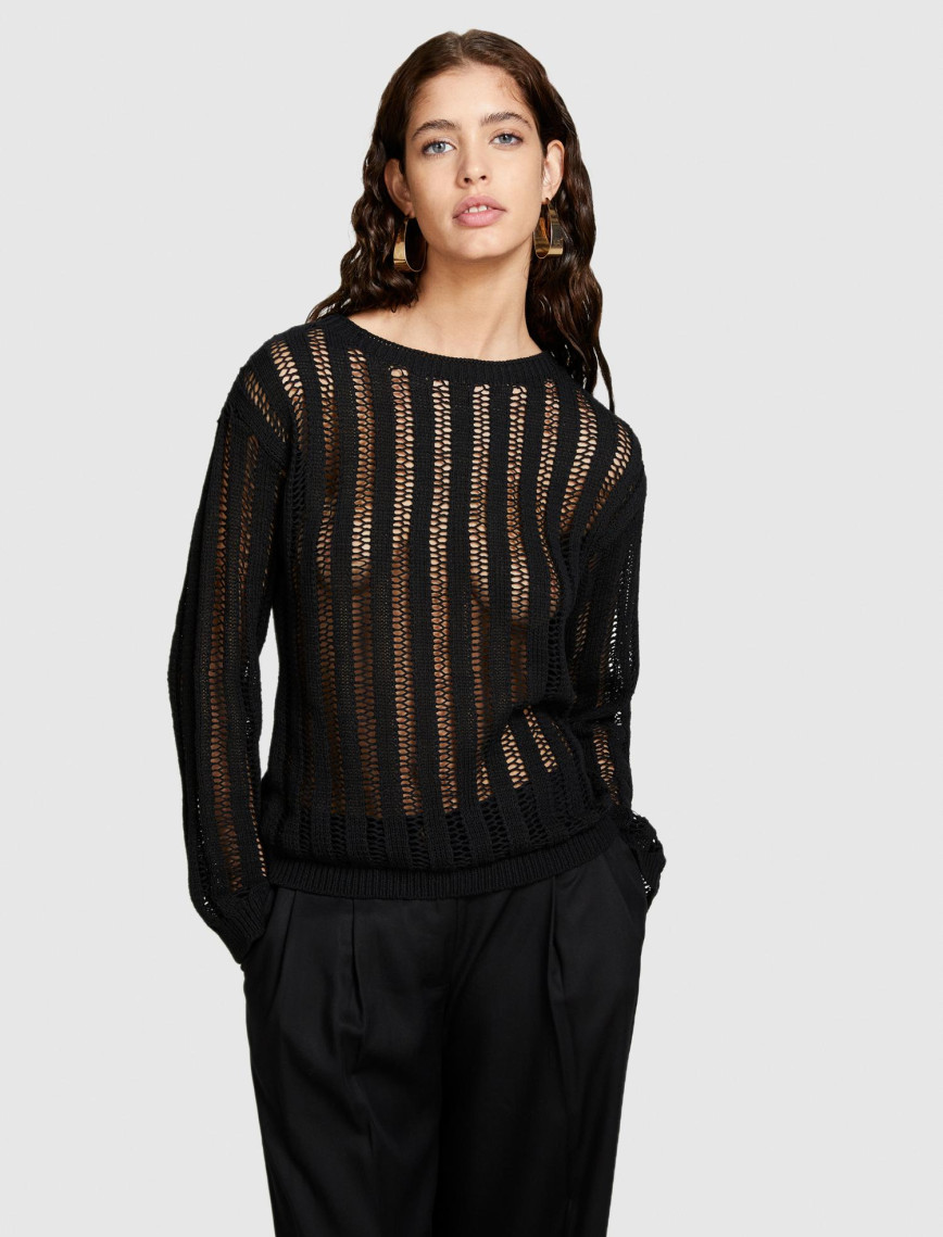 Kadın Siyah Pamuk Karışımlı Örgü Motifli Düşük Omuzlu Kayık Yaka Kazak Kadın Siyah Pamuk Karışımlı Örgü Motifli Düşük Omuzlu Kayık Yaka Kazak