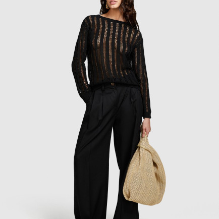 Kadın Siyah Pamuk Karışımlı Örgü Motifli Düşük Omuzlu Kayık Yaka Kazak Kadın Siyah Pamuk Karışımlı Örgü Motifli Düşük Omuzlu Kayık Yaka Kazak