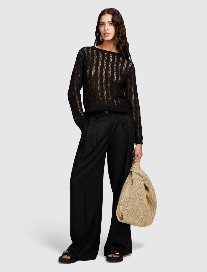 Kadın Siyah Pamuk Karışımlı Örgü Motifli Düşük Omuzlu Kayık Yaka Kazak Kadın Siyah Pamuk Karışımlı Örgü Motifli Düşük Omuzlu Kayık Yaka Kazak