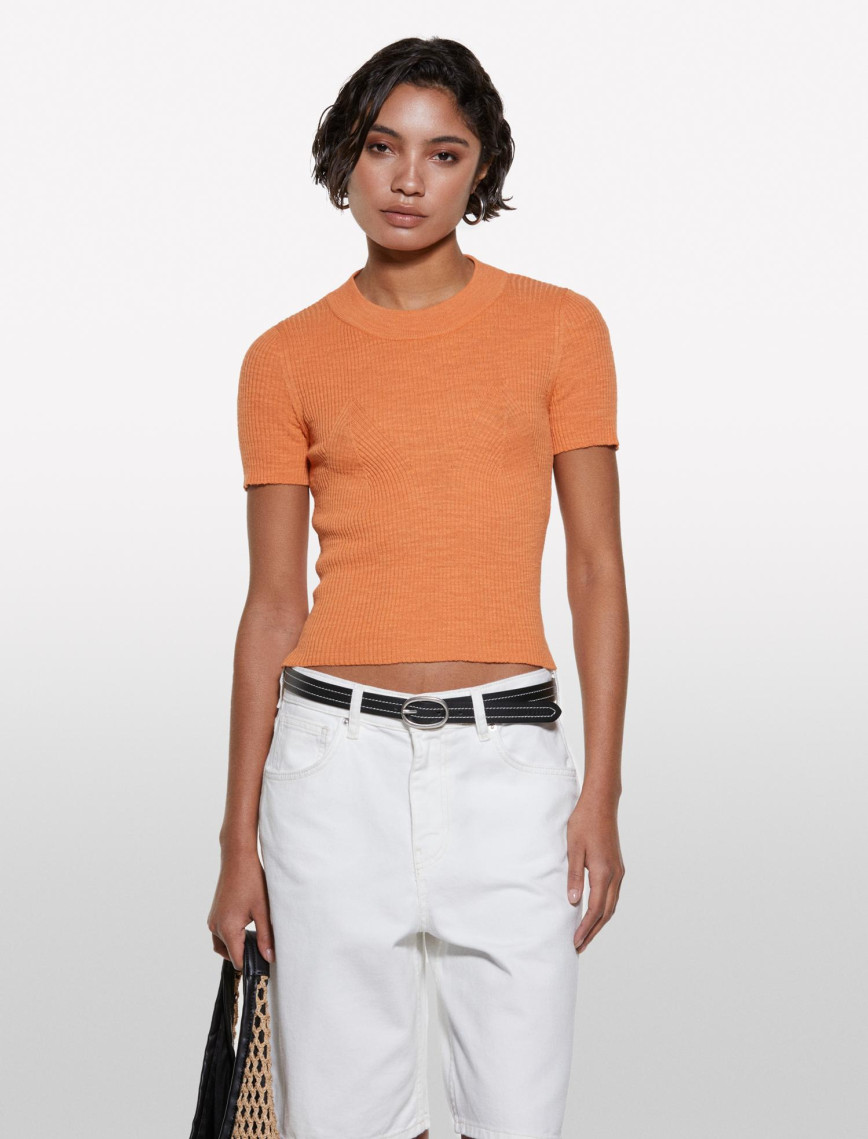 Kadın Turuncu Keten Karışımlı Slim Fit Kısa Kollu Kazak Kadın Turuncu Keten Karışımlı Slim Fit Kısa Kollu Kazak