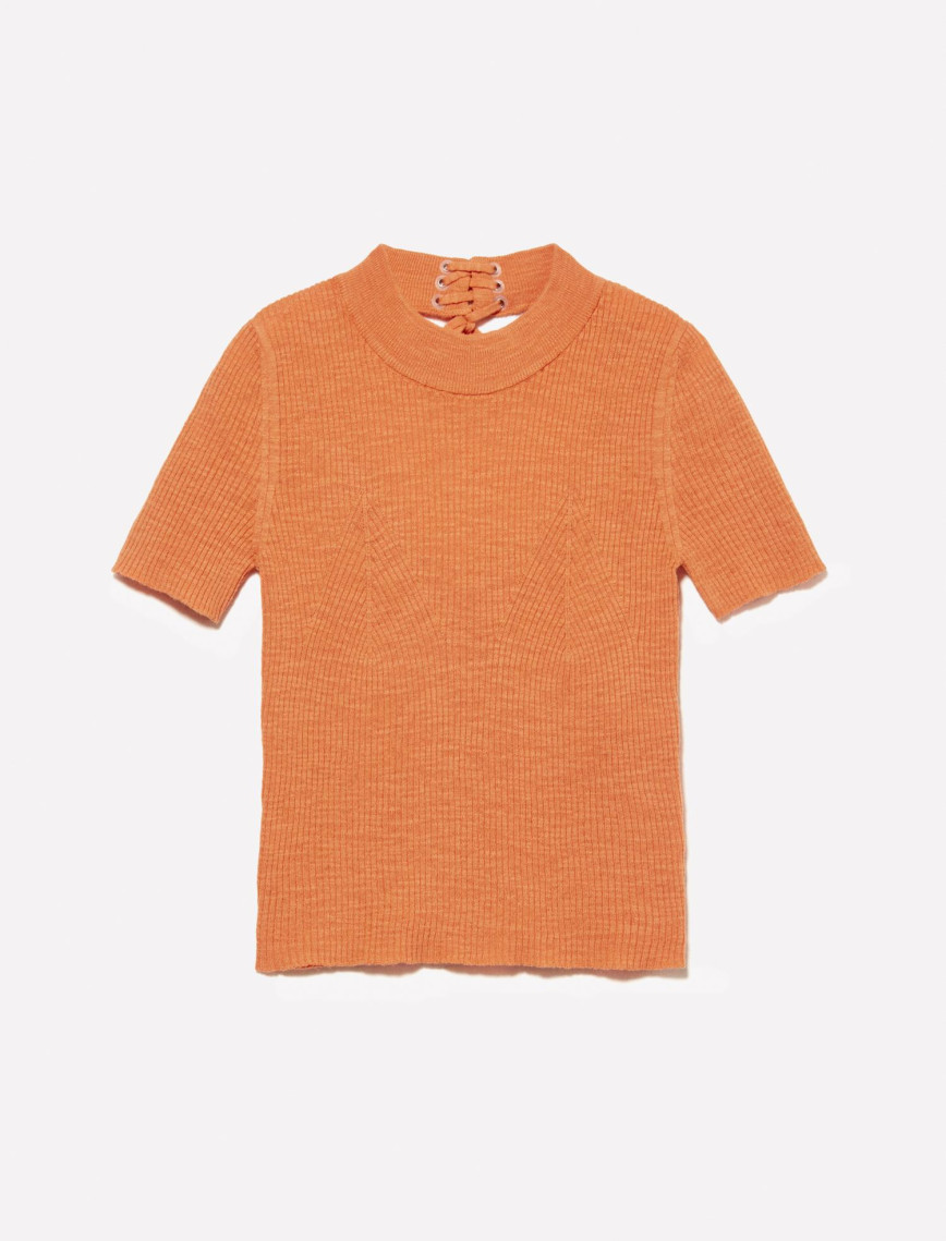 Kadın Turuncu Keten Karışımlı Slim Fit Kısa Kollu Kazak Kadın Turuncu Keten Karışımlı Slim Fit Kısa Kollu Kazak