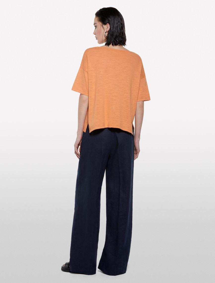 Kadın Turuncu Keten Karışımlı Bisiklet Yaka Oversize T-Shirt