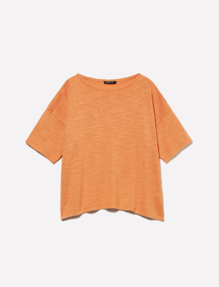 Kadın Turuncu Keten Karışımlı Bisiklet Yaka Oversize T-Shirt