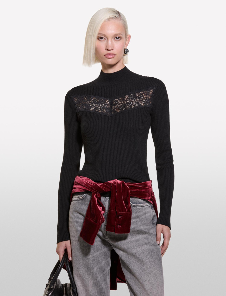 Kadın Siyah Yün Karışımlı Önü Dantel Detaylı Dar Kesim Kazak Kadın Siyah Yün Karışımlı Önü Dantel Detaylı Dar Kesim Kazak