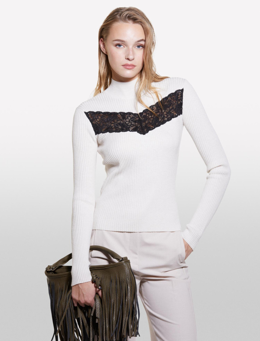 Kadın Bej Yün Karışımlı Önü Dantel Detaylı Dar Kesim Kazak Kadın Bej Yün Karışımlı Önü Dantel Detaylı Dar Kesim Kazak