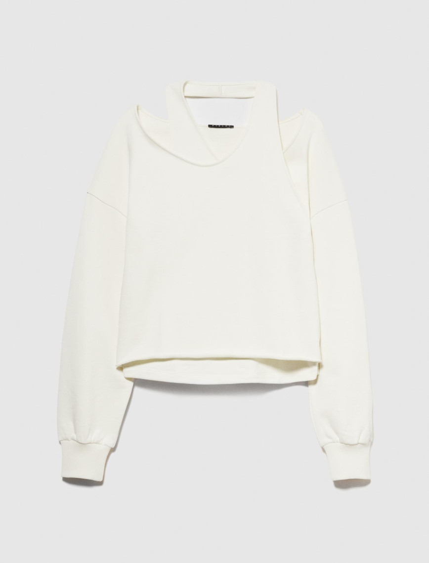 Kadın Krem %100 Pamuk Omuz Detaylı Kısa Kazak Kadın Krem %100 Pamuk Omuz Detaylı Kısa Kazak