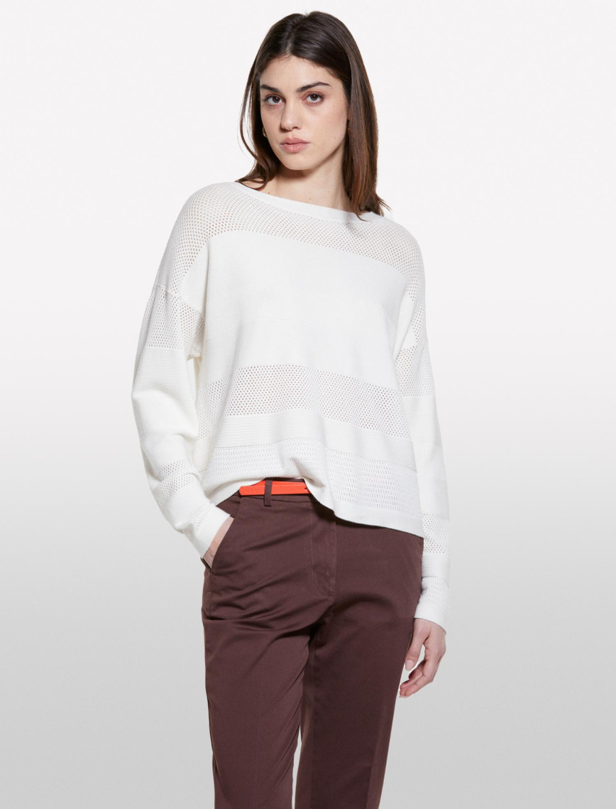 Kadın Bej Viskoz Karışımlı Şerit Efektli Kayık Yaka Kazak