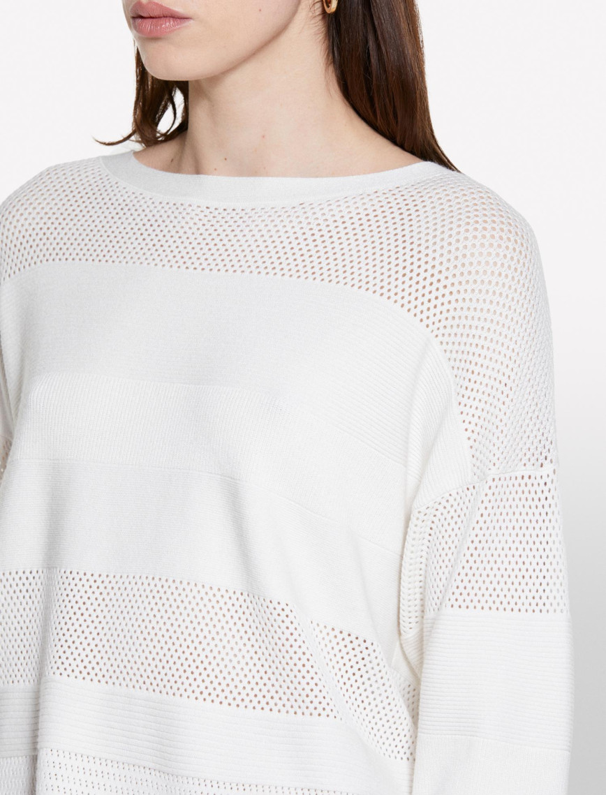 Kadın Bej Viskoz Karışımlı Şerit Efektli Kayık Yaka Kazak