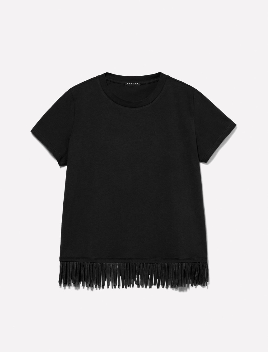 Kadın Siyah Pamuklu Ucu Püsküllü Bisiklet Yaka Regular Fit T-Shirt