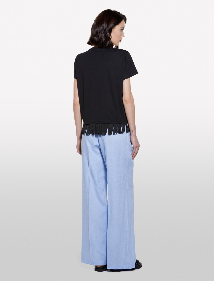 Kadın Siyah Pamuklu Ucu Püsküllü Bisiklet Yaka Regular Fit T-Shirt