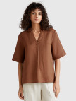 Kadın Kahverengi %100 Keten Relax Fit V Gömlek Yakalı Kısa Kollu Bluz Kadın Kahverengi %100 Keten Relax Fit V Gömlek Yakalı Kısa Kollu Bluz