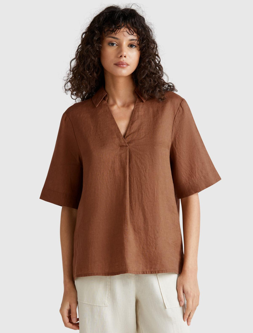 Kadın Kahverengi %100 Keten Relax Fit V Gömlek Yakalı Kısa Kollu Bluz Kadın Kahverengi %100 Keten Relax Fit V Gömlek Yakalı Kısa Kollu Bluz