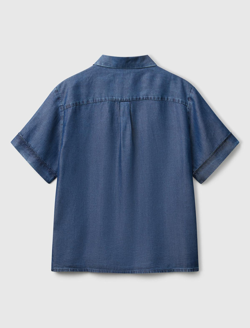 Kadın Koyu Mavi %100 Liyosel Kısa Kollu Denim Gömlek Kadın Koyu Mavi %100 Liyosel Kısa Kollu Denim Gömlek