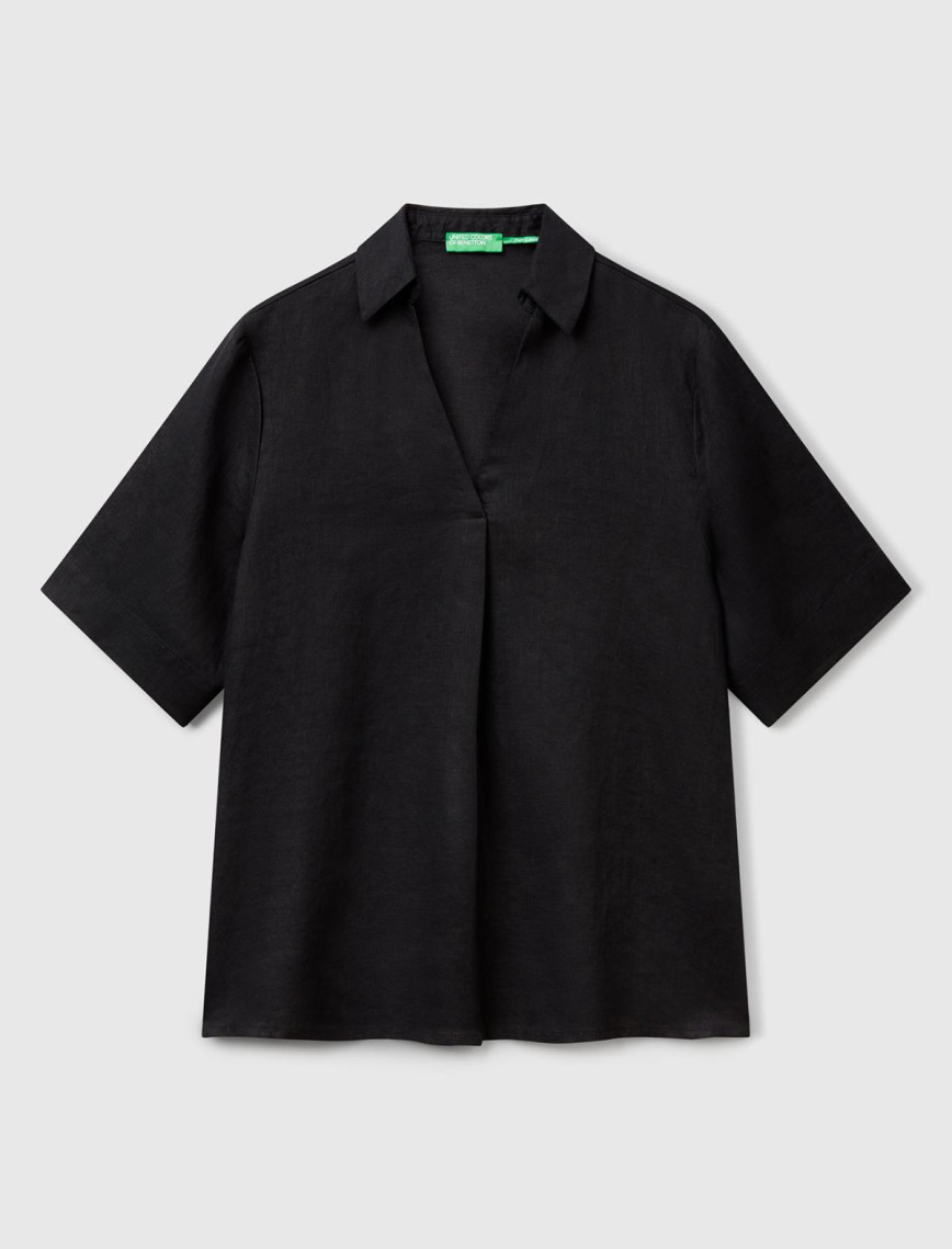 Kadın Siyah %100 Keten Relax Fit V Gömlek Yakalı Kısa Kollu Bluz Kadın Siyah %100 Keten Relax Fit V Gömlek Yakalı Kısa Kollu Bluz