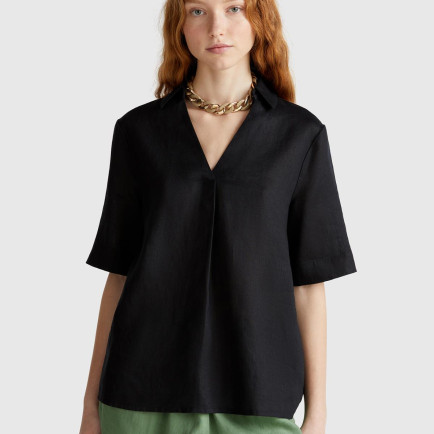 Kadın Siyah %100 Keten Relax Fit V Gömlek Yakalı Kısa Kollu Bluz Kadın Siyah %100 Keten Relax Fit V Gömlek Yakalı Kısa Kollu Bluz