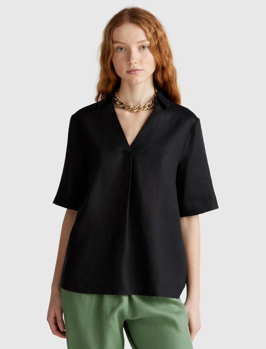 Kadın Taş Rengi %100 Keten Relax Fit V Gömlek Yakalı Kısa Kollu Bluz Kadın Taş Rengi %100 Keten Relax Fit V Gömlek Yakalı Kısa Kollu Bluz