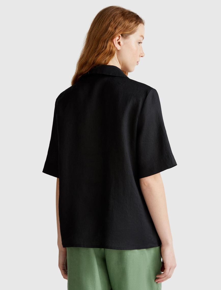 Kadın Siyah %100 Keten Relax Fit V Gömlek Yakalı Kısa Kollu Bluz Kadın Siyah %100 Keten Relax Fit V Gömlek Yakalı Kısa Kollu Bluz