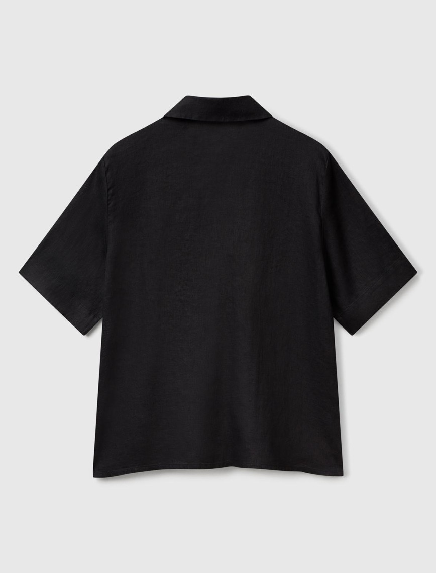 Kadın Siyah %100 Keten Relax Fit V Gömlek Yakalı Kısa Kollu Bluz Kadın Siyah %100 Keten Relax Fit V Gömlek Yakalı Kısa Kollu Bluz