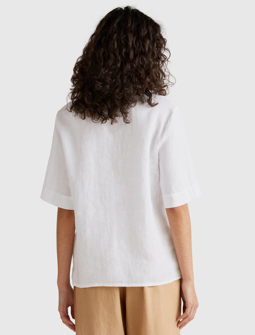 Kadın Beyaz %100 Keten Relax Fit V Gömlek Yakalı Kısa Kollu Bluz Kadın Beyaz %100 Keten Relax Fit V Gömlek Yakalı Kısa Kollu Bluz