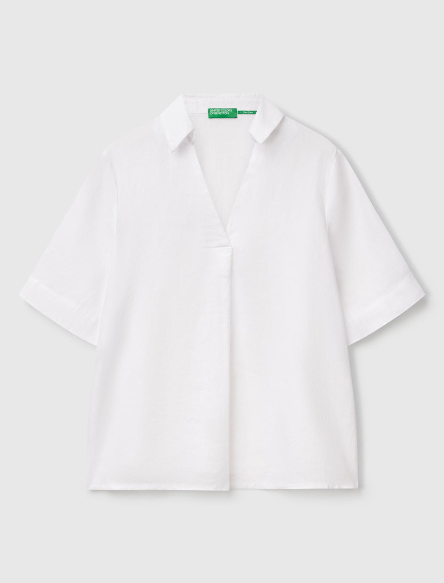 Kadın Beyaz %100 Keten Relax Fit V Gömlek Yakalı Kısa Kollu Bluz Kadın Beyaz %100 Keten Relax Fit V Gömlek Yakalı Kısa Kollu Bluz