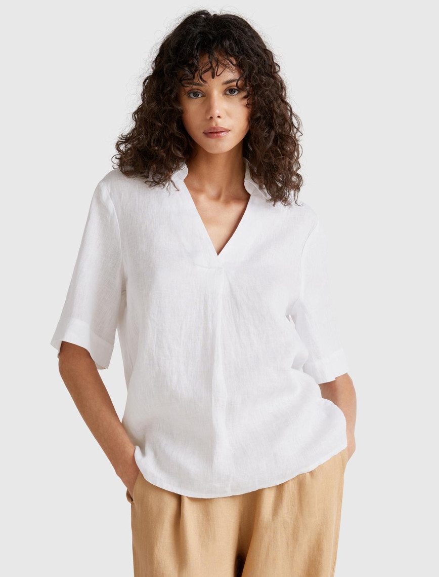 Kadın Taş Rengi %100 Keten Relax Fit V Gömlek Yakalı Kısa Kollu Bluz Kadın Taş Rengi %100 Keten Relax Fit V Gömlek Yakalı Kısa Kollu Bluz