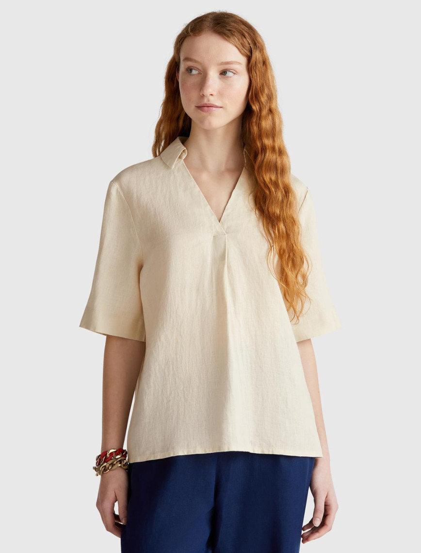 Kadın Taş Rengi %100 Keten Relax Fit V Gömlek Yakalı Kısa Kollu Bluz Kadın Taş Rengi %100 Keten Relax Fit V Gömlek Yakalı Kısa Kollu Bluz
