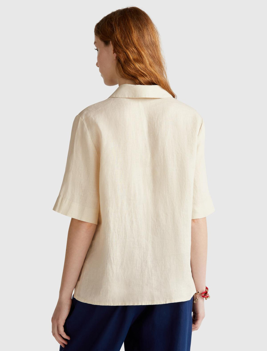 Kadın Taş Rengi %100 Keten Relax Fit V Gömlek Yakalı Kısa Kollu Bluz Kadın Taş Rengi %100 Keten Relax Fit V Gömlek Yakalı Kısa Kollu Bluz