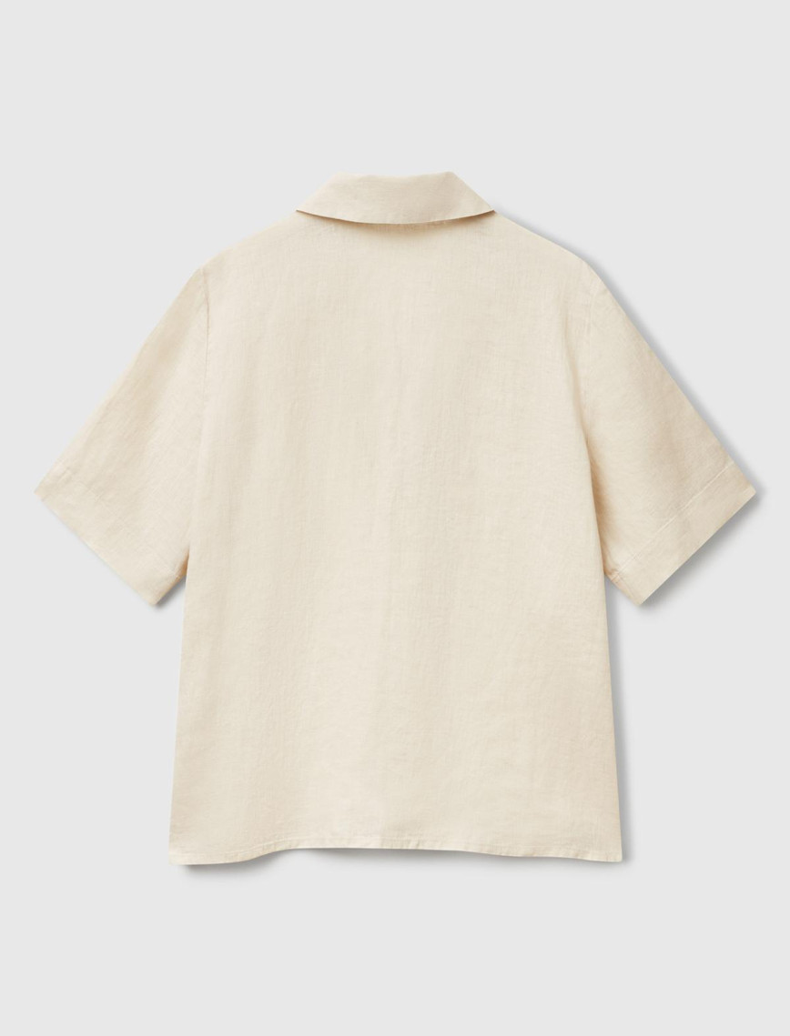 Kadın Taş Rengi %100 Keten Relax Fit V Gömlek Yakalı Kısa Kollu Bluz Kadın Taş Rengi %100 Keten Relax Fit V Gömlek Yakalı Kısa Kollu Bluz