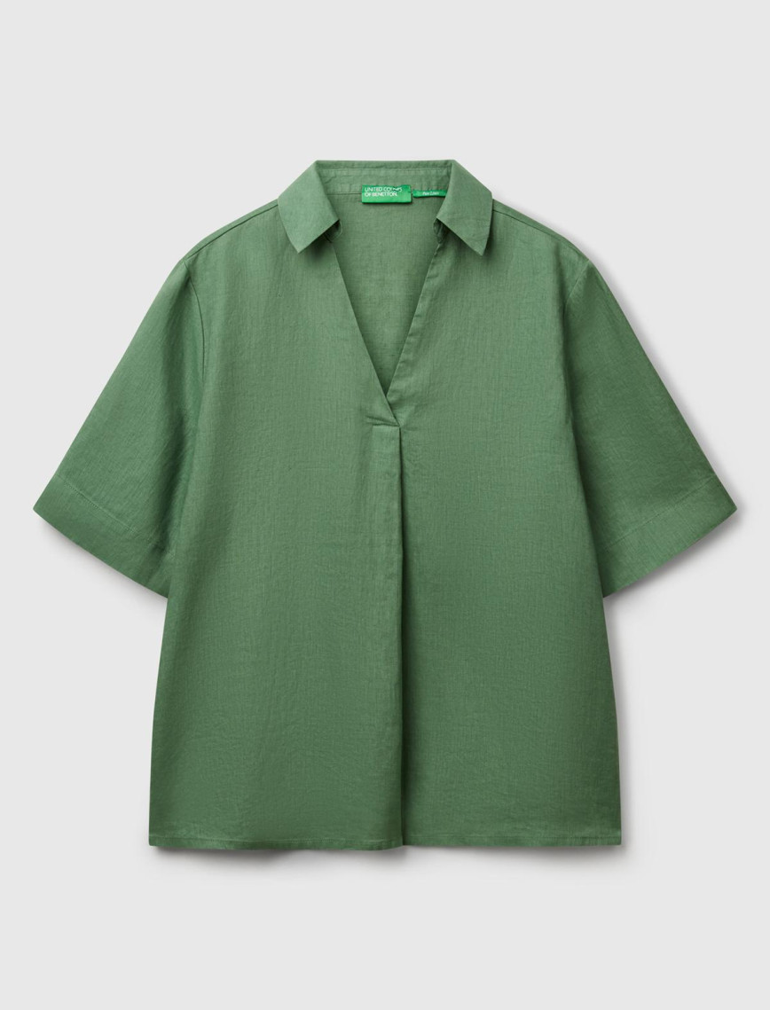 Kadın Açık Yeşil %100 Keten Relax Fit V Gömlek Yakalı Kısa Kollu Bluz