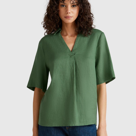 Kadın Açık Yeşil %100 Keten Relax Fit V Gömlek Yakalı Kısa Kollu Bluz Kadın Açık Yeşil %100 Keten Relax Fit V Gömlek Yakalı Kısa Kollu Bluz