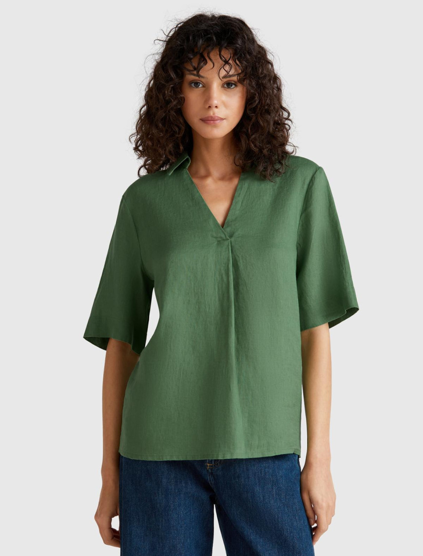 Kadın Taş Rengi %100 Keten Relax Fit V Gömlek Yakalı Kısa Kollu Bluz Kadın Taş Rengi %100 Keten Relax Fit V Gömlek Yakalı Kısa Kollu Bluz