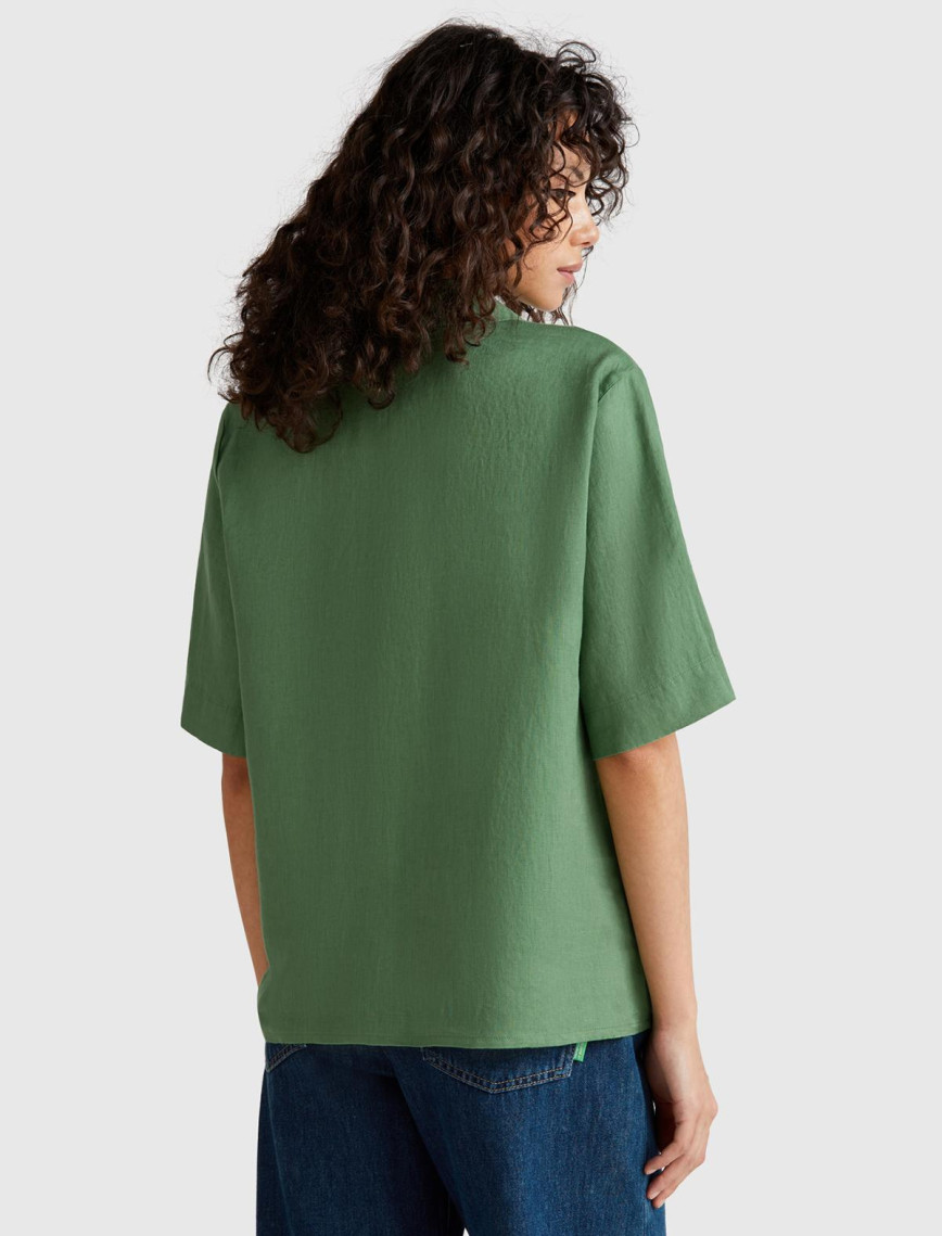 Kadın Açık Yeşil %100 Keten Relax Fit V Gömlek Yakalı Kısa Kollu Bluz