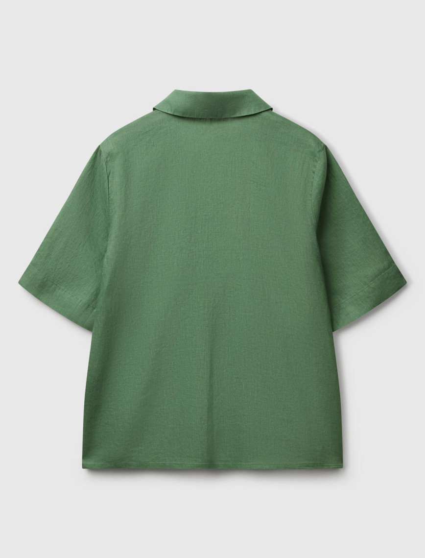 Kadın Açık Yeşil %100 Keten Relax Fit V Gömlek Yakalı Kısa Kollu Bluz