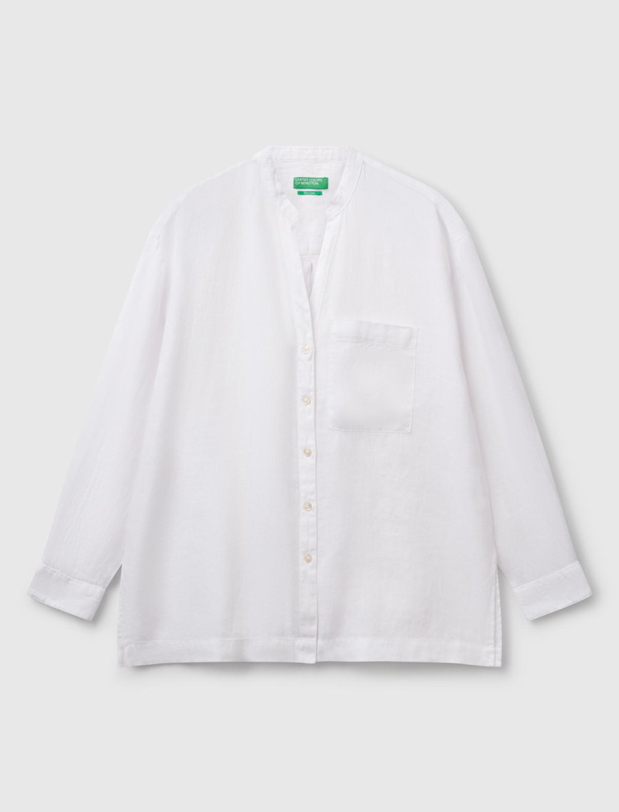 Kadın Beyaz %100 Keten Sol Önü Cepli Oversize Mandarin Yaka Gömlek Kadın Beyaz %100 Keten Sol Önü Cepli Oversize Mandarin Yaka Gömlek