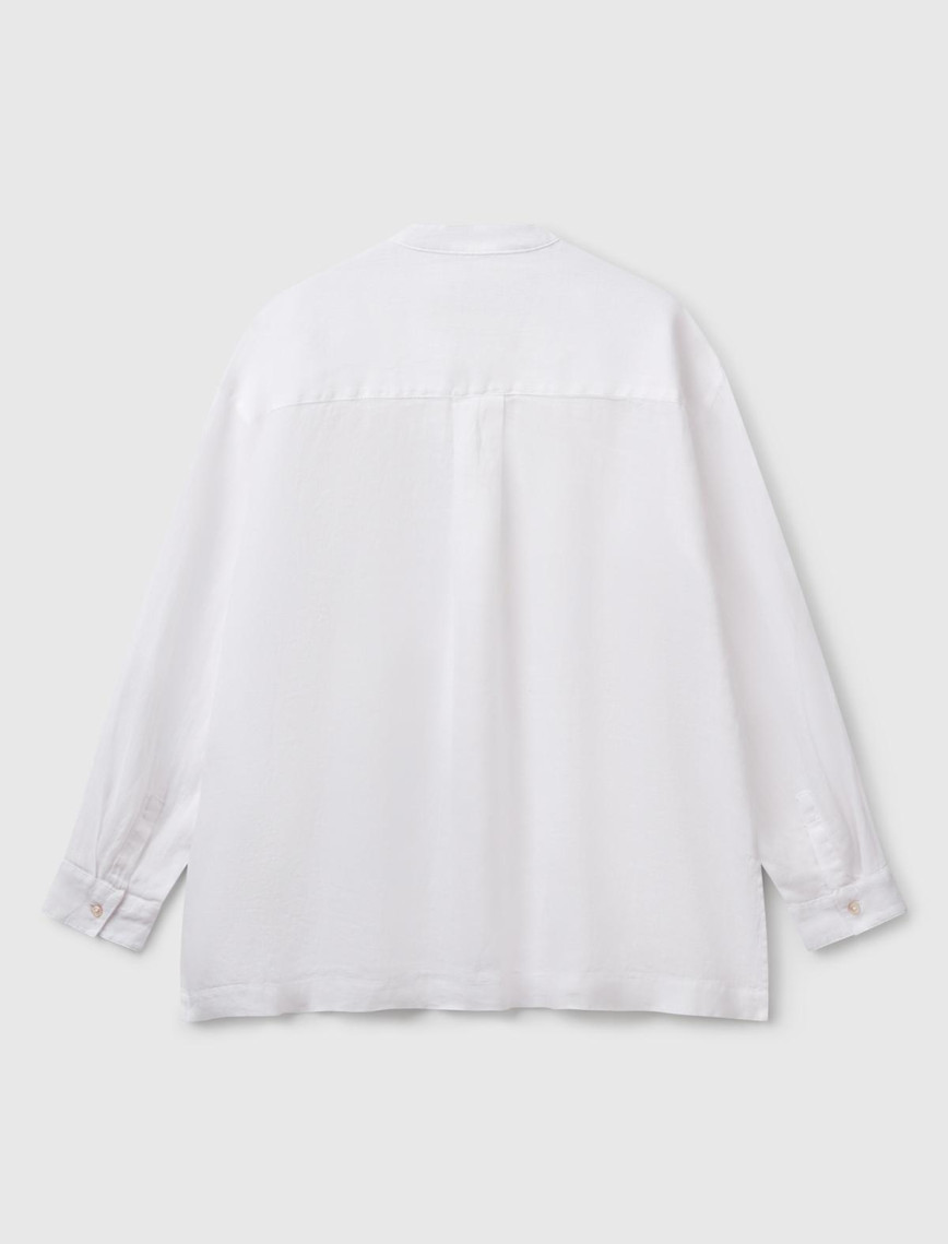 Kadın Beyaz %100 Keten Sol Önü Cepli Oversize Mandarin Yaka Gömlek Kadın Beyaz %100 Keten Sol Önü Cepli Oversize Mandarin Yaka Gömlek