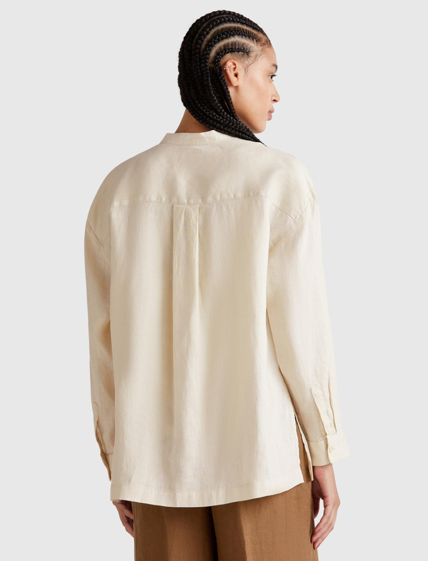 Kadın Taş Rengi %100 Keten Sol Önü Cepli Oversize Mandarin Yaka Gömlek Kadın Taş Rengi %100 Keten Sol Önü Cepli Oversize Mandarin Yaka Gömlek