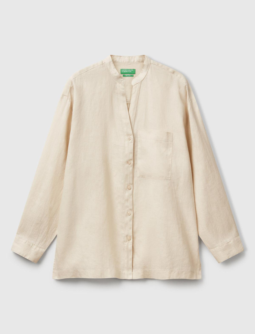 Kadın Taş Rengi %100 Keten Sol Önü Cepli Oversize Mandarin Yaka Gömlek Kadın Taş Rengi %100 Keten Sol Önü Cepli Oversize Mandarin Yaka Gömlek