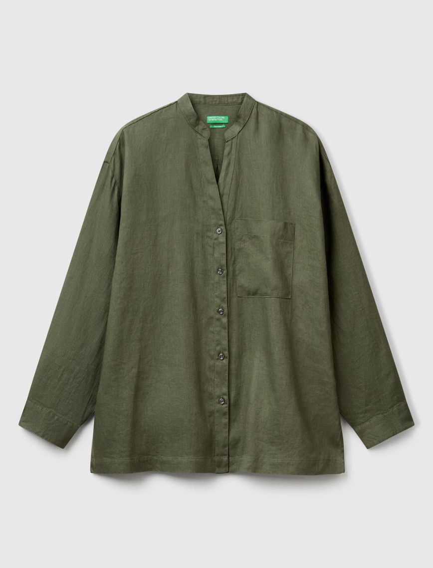 Kadın Haki %100 Keten Sol Önü Cepli Oversize Mandarin Yaka Gömlek Kadın Haki %100 Keten Sol Önü Cepli Oversize Mandarin Yaka Gömlek