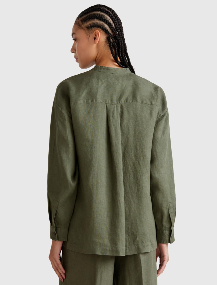 Kadın Haki %100 Keten Sol Önü Cepli Oversize Mandarin Yaka Gömlek Kadın Haki %100 Keten Sol Önü Cepli Oversize Mandarin Yaka Gömlek